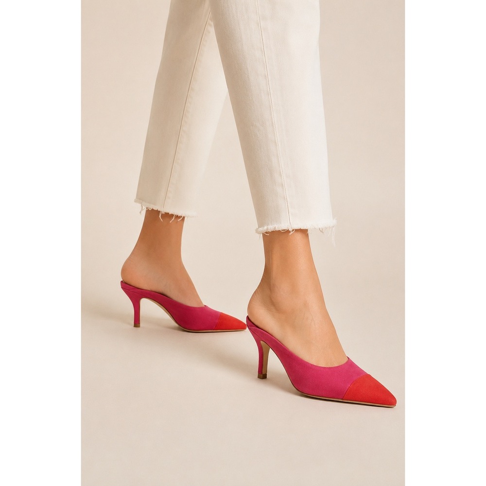 The Drop Womens Red Pink Colorblock Pointed Toe Kitten Heel Mules‎ Shoes